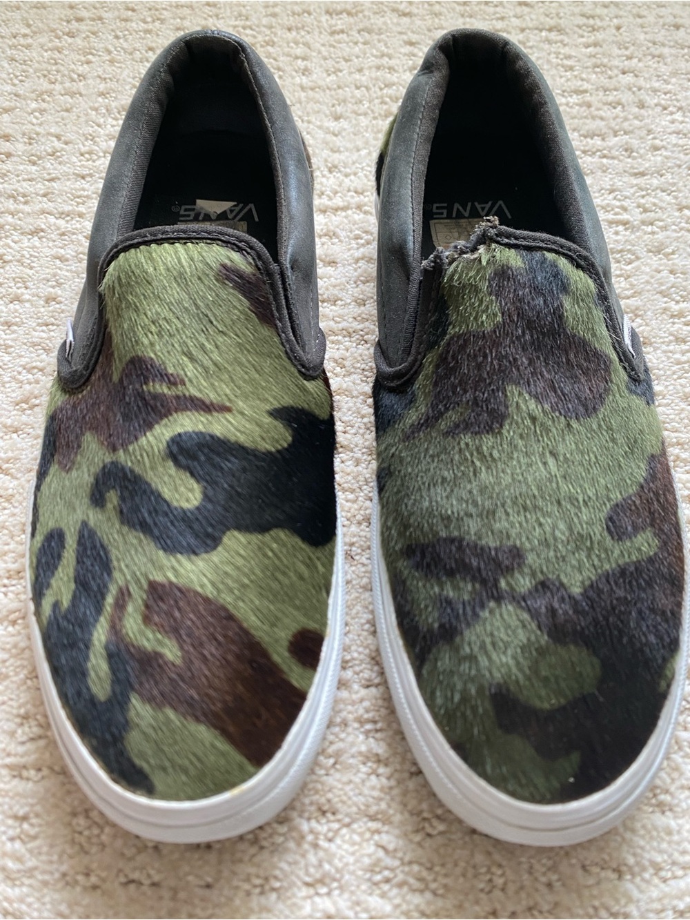 Vans Slip-On Camo Faux Fur Sneakers - Green/Brown/Black